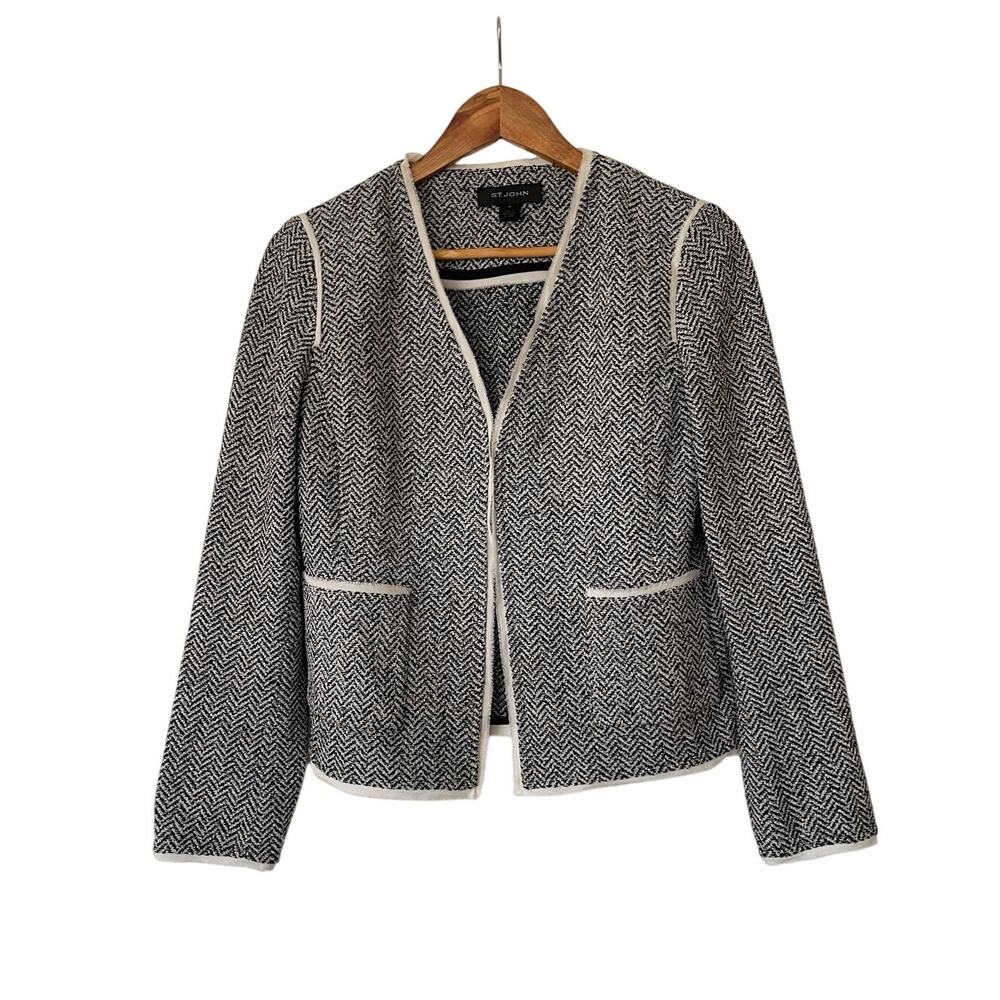 St John Wool Cotton Blend Black and White Herringbone Knit Blazer • Size 8